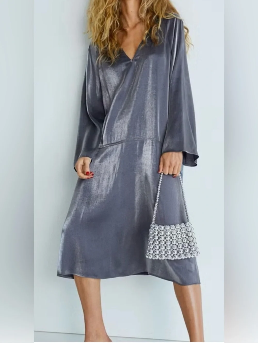 H&M Shimmering Metallic Grey Midi Dress, oversized